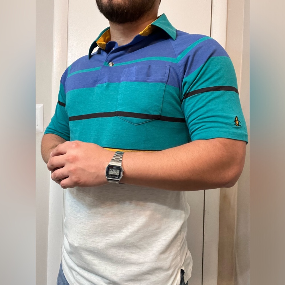 Men's Original Penguin Striped Polo Shirt - Teal, Blue, and White